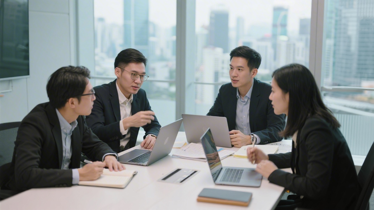 Small group of marketing professionals discussing PPC campaign notes around a table with laptops and notebooks in a modern Hong Kong office environment.