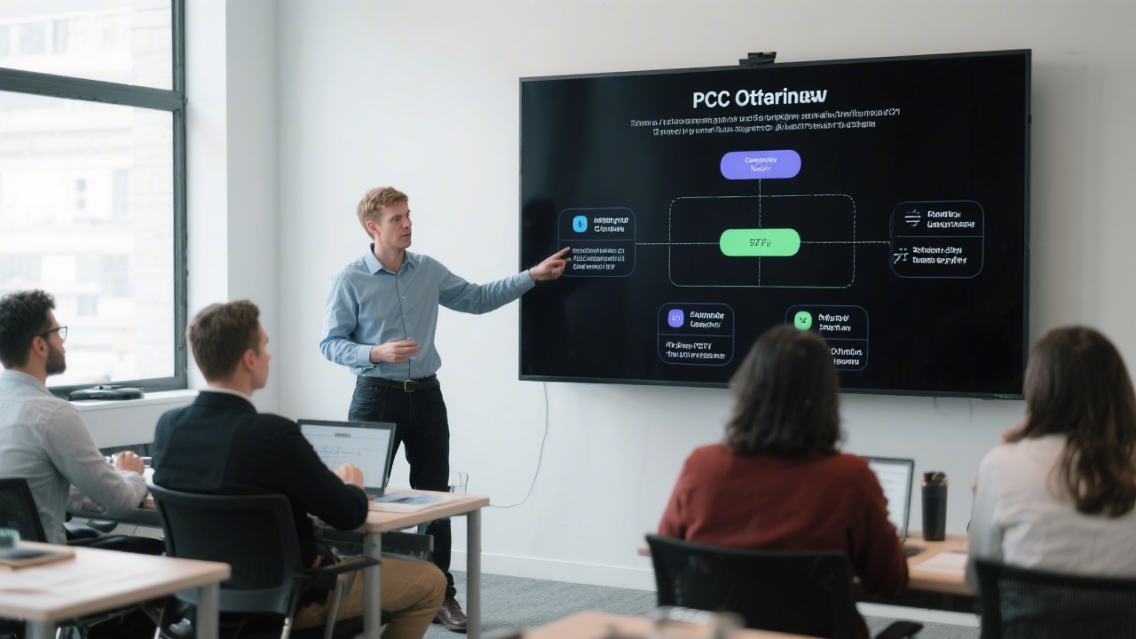 Instructor presenting a PPC optimization framework on a large screen while participants review campaign performance metrics, showcasing an applied learning workshop setting.