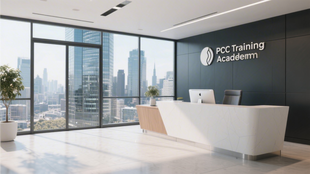 Reception area of a modern business building with a professional desk and city view, creating a trustworthy setting for contacting a PPC training academy.