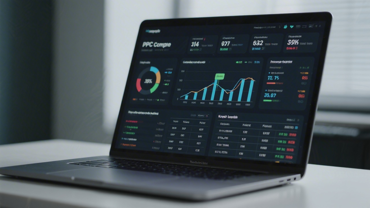 Laptop displaying PPC campaign dashboard with charts, conversion metrics, and keyword tables, illustrating data-driven performance marketing analysis.