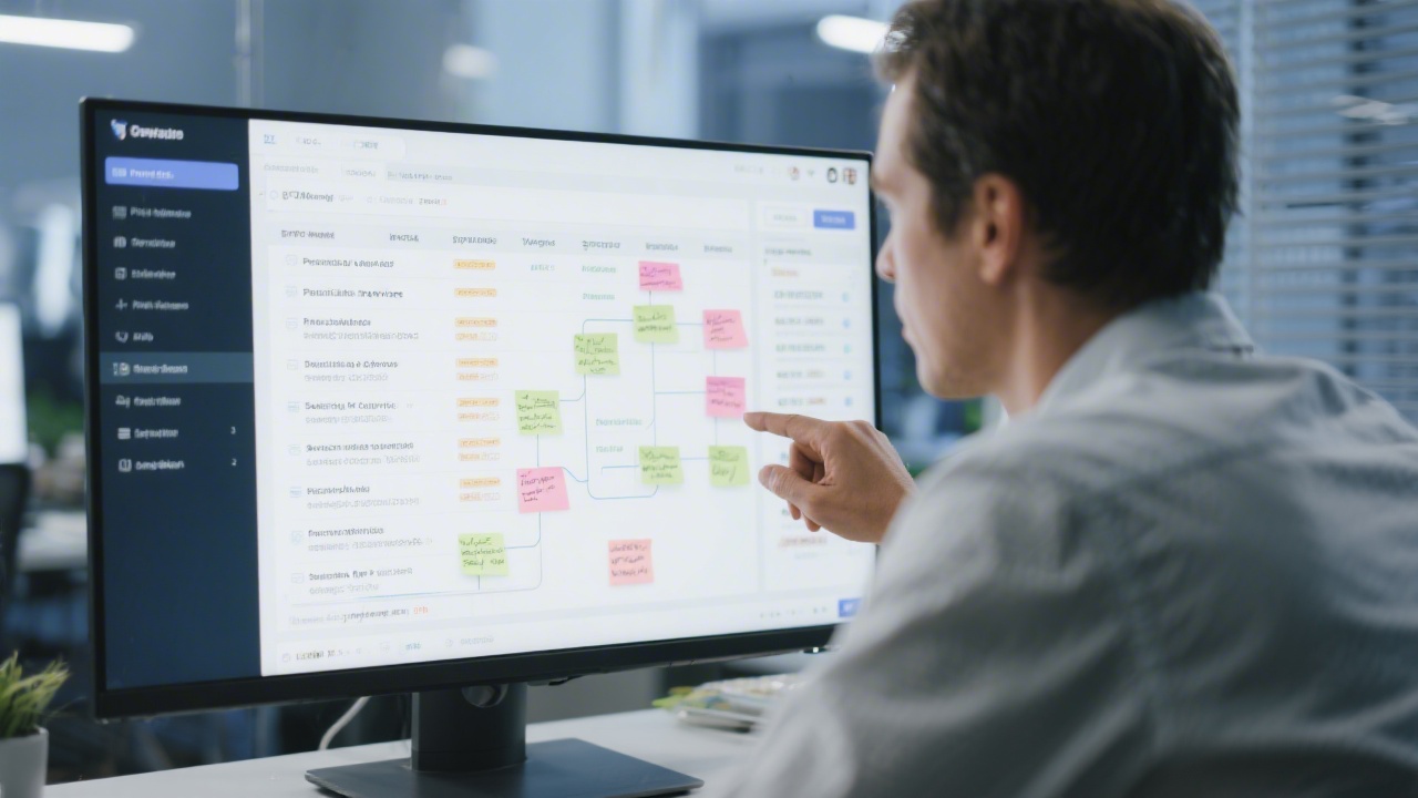 Consultant reviewing PPC account structure on a large monitor with organized campaign rows and notes, representing professional services for search advertising performance.
