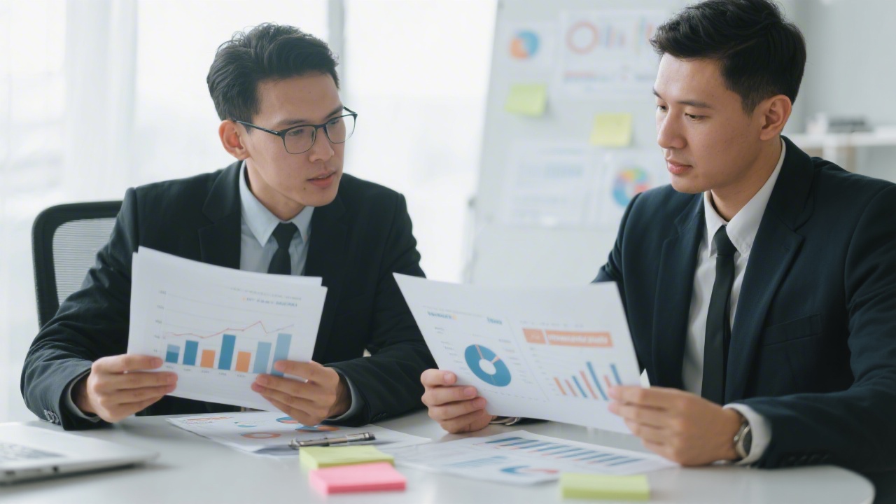 Two marketing specialists reviewing printed performance charts and campaign notes during a structured strategy session, emphasizing a professional advisory environment.