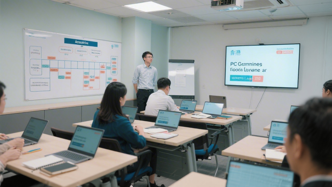 Professional training room with laptops, notebooks, and a digital advertising strategy board, conveying a hands-on PPC learning environment for business teams in Hong Kong.